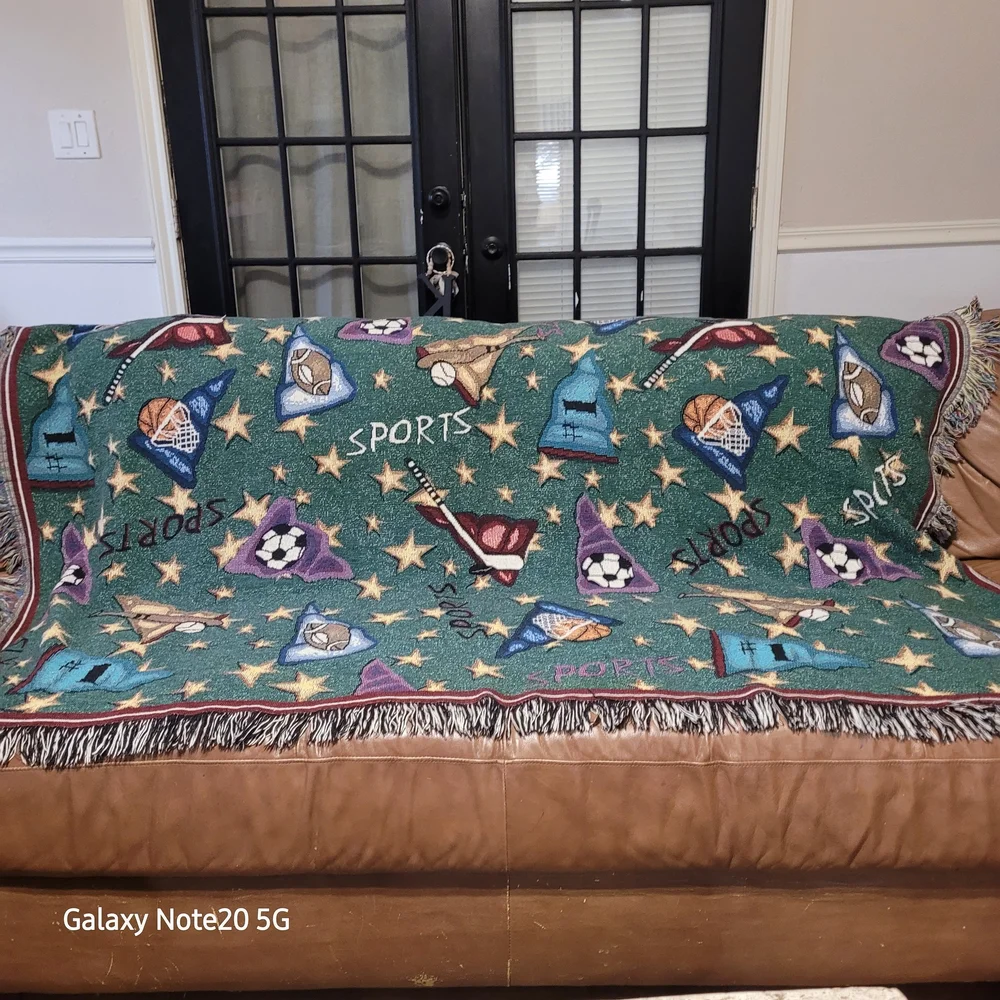 Green Sports-Themed Woven Throw with Multicolor Motifs